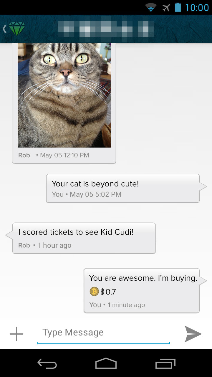 Gliph Android Screenshot conversation view bitcoin