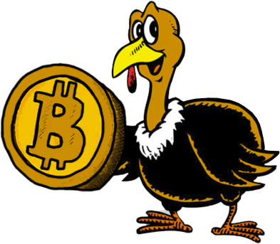 A drawing of a turkey holding a bitcoin