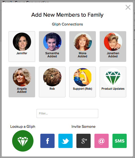 Screenshot of what it looks like to add members to a secure group messaging conversation. Includes photos of the cast of Who's the Boss, along with a nod to another 80s star, Jennifer Connelly