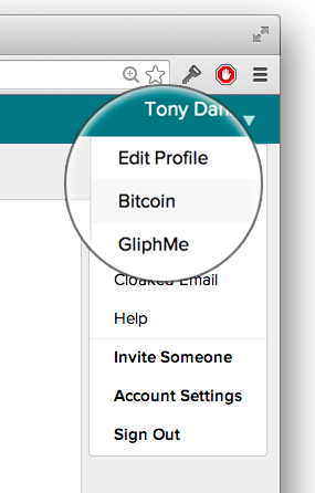 Screenshot of the Dropdown menu with a focus and zoom on the Bitcoin menu item