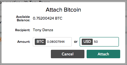 Screenshot of the Attach Bitcoin dialog box