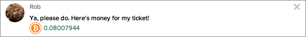 Screenshot of what a message looks like when it has Bitcoin attached