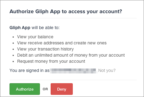Screenshot of Coinbase.com's oAuth asking if it is ok to grant access to your coinbase account.