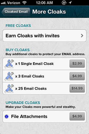 Cloaked Email Professional Payment Options Screenshot