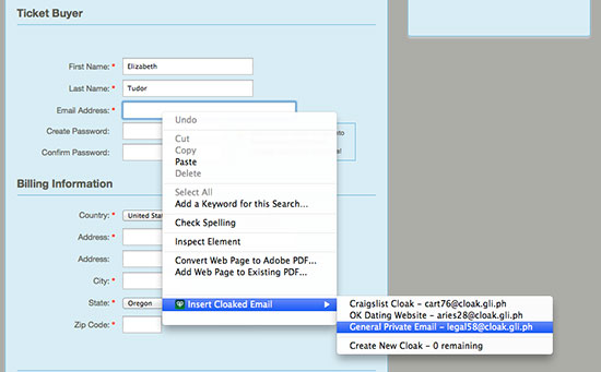 Protect your privacy on craigslist and event registration and other websites with cloaked email 