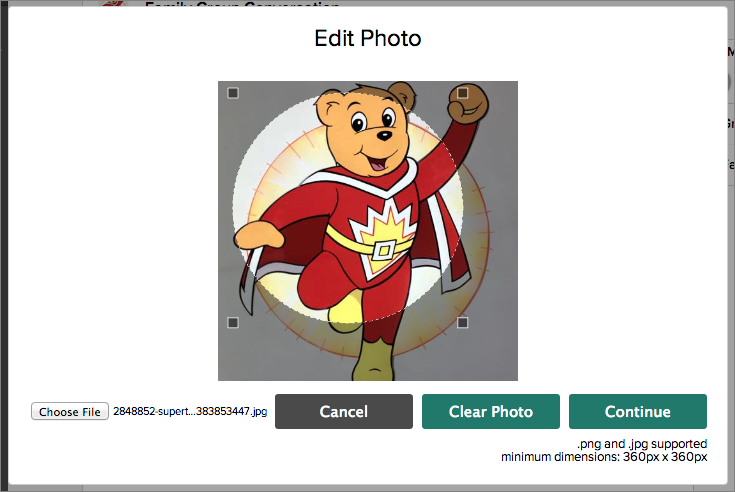 Screenshot of the Group photo editor with a partially cropped image of the beloved 80s cartoon star, Super Ted.  Don't mess with Super Ted.