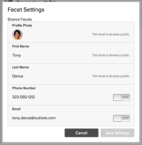 Screenshot of the Facet Settings dialog box
